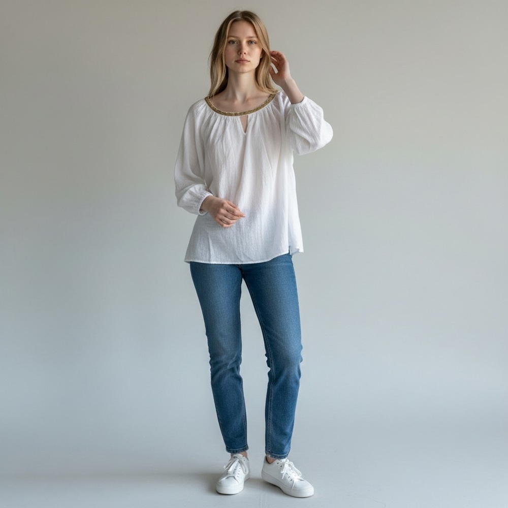 JM Collection 2X White Gauze Blouse Gold Trim Peasant Top Boho Plus Size NWT